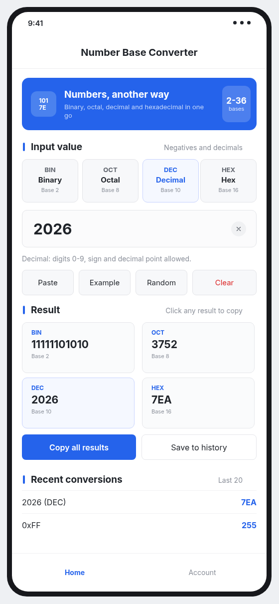 Number Base Converter mobile app interface on Android
